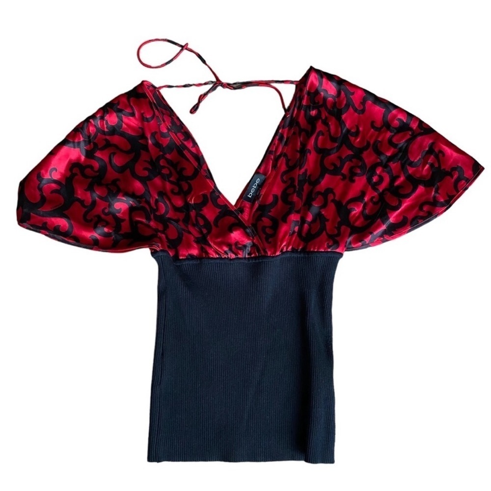 BEBE SATIN TIE UP FLOWY RARE V-NECK BLOUSE COCKTAIL FITTED TOP SHIRT FLOWY